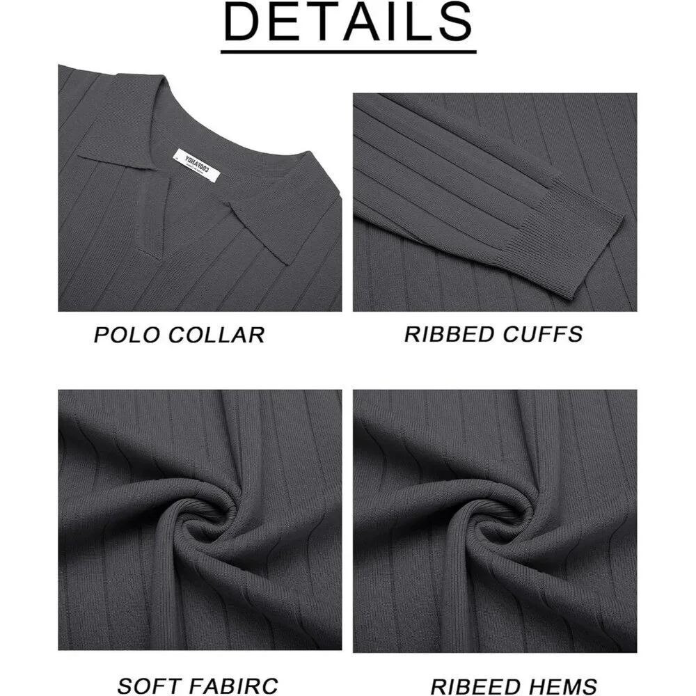 Coofandy Men Grey Polo Long Sleeve V Neck Knit Lightweight Pullover Sweater